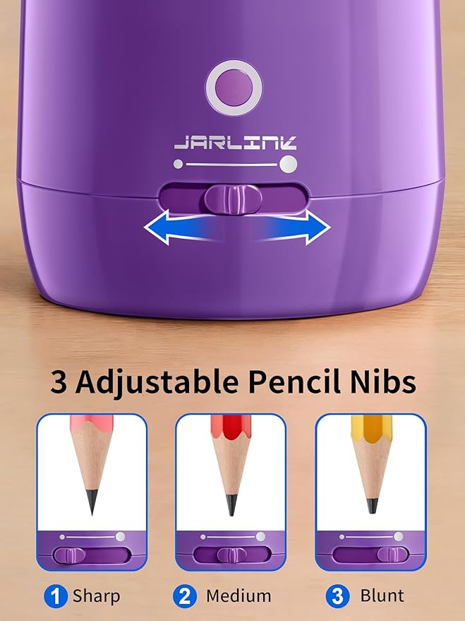 JARLINK Automatic Electric Pencil Sharpener - Hands-Free Operation, 3 Sharpness Modes, 3-Second Sharpening, Rechargeable & Portable for 7-12mm Pencils, Ideal for Classroom and Home Use (Purple)