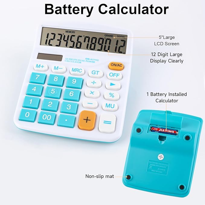Calculator Large Display Desktop Solar Battery Dual Power 12 Digit Financial Dedicated Standard Function Business Calculator Multifunctional KA08 Blue