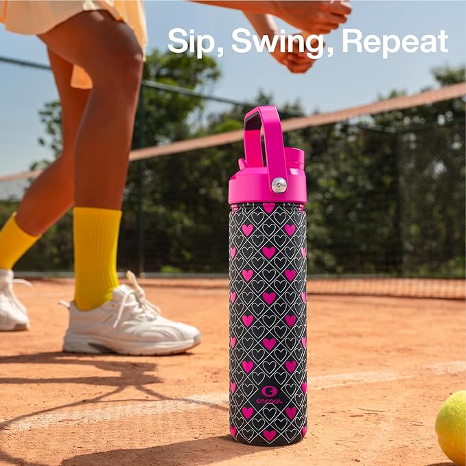 ENCOOL Insulated Water Bottle with Straw Stainless Steel Water Bottle, Leak-Proof, BPA-Free, Keeps Cold for 24 Hours for Sports, Travel, School (26 oz, Bold Hearts Ember x Black)