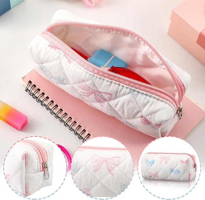 Sherr Coquette Bow Pencil Case Pink Blue Bow Cute Pencil Pouch Soft Cotton Storage Bag Aesthetic Pattern Gift Makeup Pouch Cosmetic Bag for Women Adults