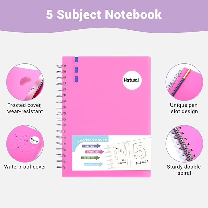 FLYING EAGLE Hardcover Spiral Notebooks 7" X 10" Note Taking 5 Subject Notebook Wide Ruled with Dividers, 204 Pages Lined Spiral Journal Notebook for Work Writing, Pink B5