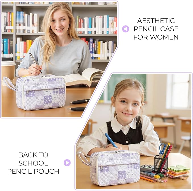 WOBAGMEN Quilted Pencil Pouch for Girls Women, Large Pencil Case Pouch with Compartments Cute Aesthetic Pencil Case Organizer, Floral Pencil Bag for School Supplies (Purple Checked Patchwoek)