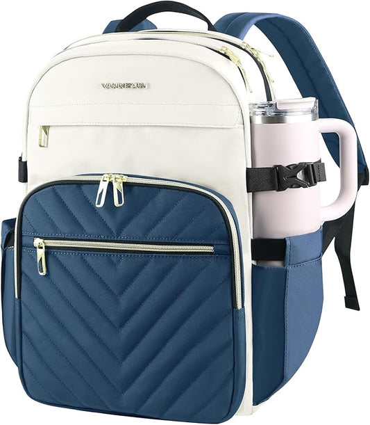 VANKEAN Laptop Backpack for Women with Pouch Pocket for Large Capacity Tumbler, 15.6 Inch Laptop Computer Bag Travel Backpack Purse,Waterproof Work Business College Teacher Bags, Beige-Haze blue