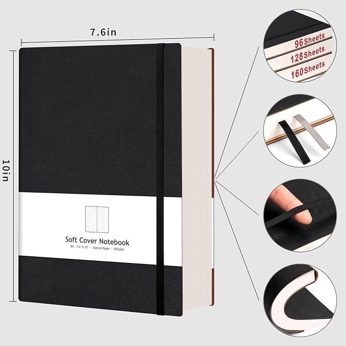 AHGXG Dotted Journal - 320 Pages Dot Grid Notebook B5 Large Journal, 100gsm Thick Dotted Paper, Leather Softcover, with Journal Stencils, Inner Pocket, 7.6'' X 10'', Black