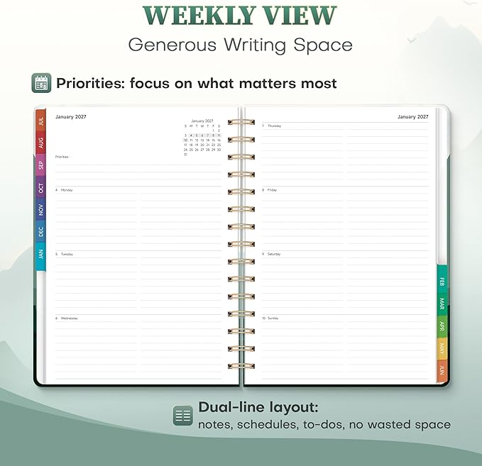 Planner 2026-2027 Monthly and Weekly Academic Planner July 2026 - June 2027, Hardcover Calendar 2026-2027 Agenda Daily Planner for Student Teacher School Office Supplies, 6" x 8.3", Green Mount