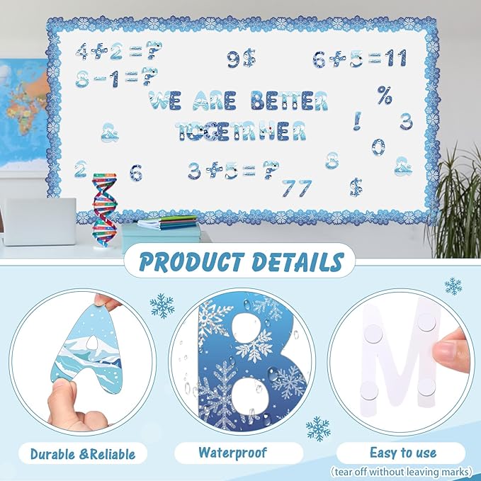 221 Pcs Winter Bulletin Board Letters Blue Round Alphabet Number Punctuation Symbol Combo Letter Cutouts Snowflake Classroom Decoration for Winter School Chalkboard Poster Board