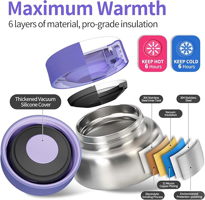 Bento Box for Kids with Thermos, [Large Capacity] Insulated Kids Lunch Box with 4 Compartment for Ages 3+, Drop-Proof & Dishwasher Safe Lunchbox Container Purple