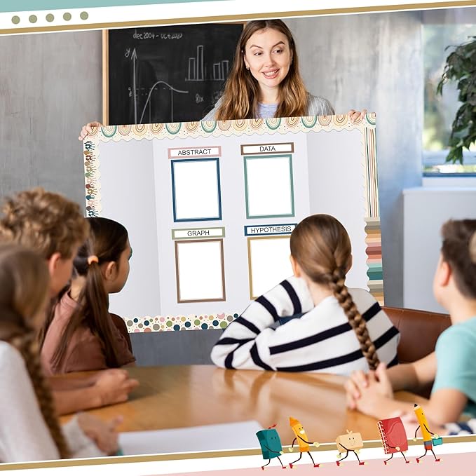 Fuyoooo 90 Pcs Science Fair Board Supplies 60 Trim Scalloped Bulletin Board Borders 24 Presentation Board Subtitles 6 Science Fair Titles for Classroom Display Boards(Boho)