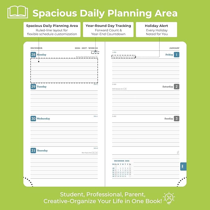 Planner 2026-2027 Daily Weekly and Monthly,6.5"x3.75",18 Months Spiral Bound Calendar Agenda with Self-adhesive Pen Holder,2026 Academic Plan with Vegan Leather Soft Cover,Wasabi Green