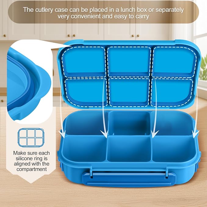 Amathley Lunch Box Kids Girls Boys,Bento Box Adult,Toddler Lunch Containers for School,Leakproof Snack Containers with 6 Compartments,Sauce Container,10 Food Picks and 4 Muffin Cups (Blue)