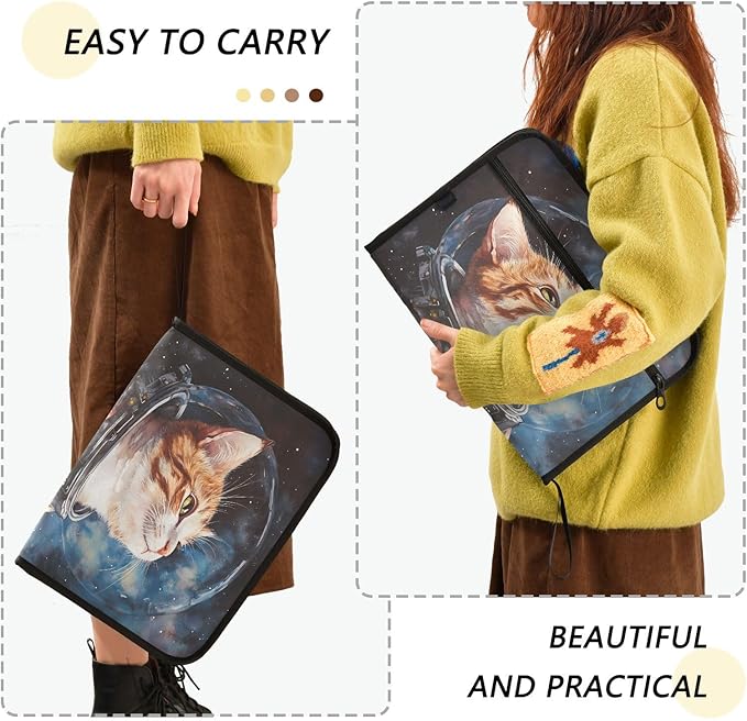 Cat Astronaut Watercolor 13 Pocket File Organizer Expanding File Folder with Front Pouch Portable Business File Storage Document Organizer Folder with Zipper