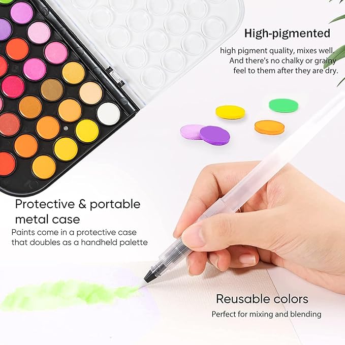 GETHPEN Watercolor Paint,watercolor paint set,48 Colors Washable Watercolor Paint Set With Brush, Refillable Water Brush Pen, Palette, and Water-Washable Paints for Adults Artist Beginner