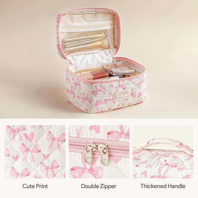 HBselect Quilted Makeup Bag, 3Pcs Cotton Large Travel Makeup Bags Organizer | Cute Floral Make up Bag Cosmetic Bag Toiletry Bag for Women Girls, Makeup Pouch for Skincare, Brushes & Travel Essentials