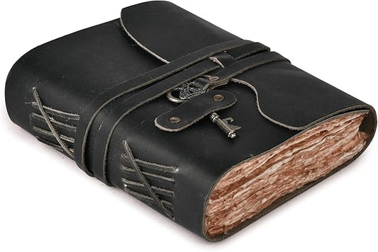 LEATHER VILLAGE Vintage Leather Journal – 200 Handmade Vintage Deckle Edge Paper – Leather bound Journal For Women Men – Vintage Key Closure - Book of Shadows - Black - 8X6 inches (A5)