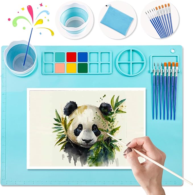 DIYDEC Silicone Craft Mat 20X16 Inch Large Silicone Art mat with Detachable Cup Painting Mat with 10 Painting Brushes Silicone Drawing Mat Sheets for Kids Adult DIY Accessories (Blue)
