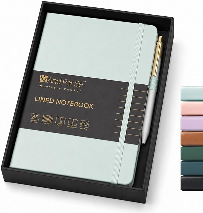 &And Per Se Lined Journal with Pen Set, A5 Leather Hardcover Notebook and Pen, 160 Pages 100GSM Thick Ruled Paper Journal for Writing (Cyan)