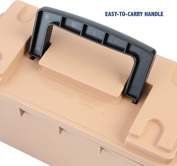 Sheffield 12627 Ammo Storage Box, Stackable .30 Cal Field Boxes, Water and Dust Resistant, Lockable Storage Box with Handle, Secures Hunting Gear, Supplies, and Bullets, Made in USA, Tan, (Pack of 6)
