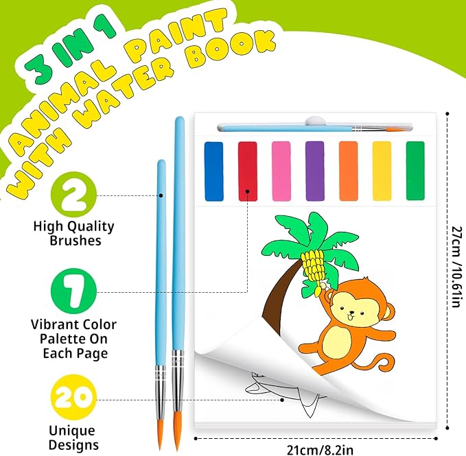 Fenmay Paint with Water Books for Kids - Mess Free Watercolor Paint Sets with 2 Premium Brushes for Kids Ages 3-5 4-8, Arts and Crafts Drawing Activities, Toddler Birthday Gift（Animal）