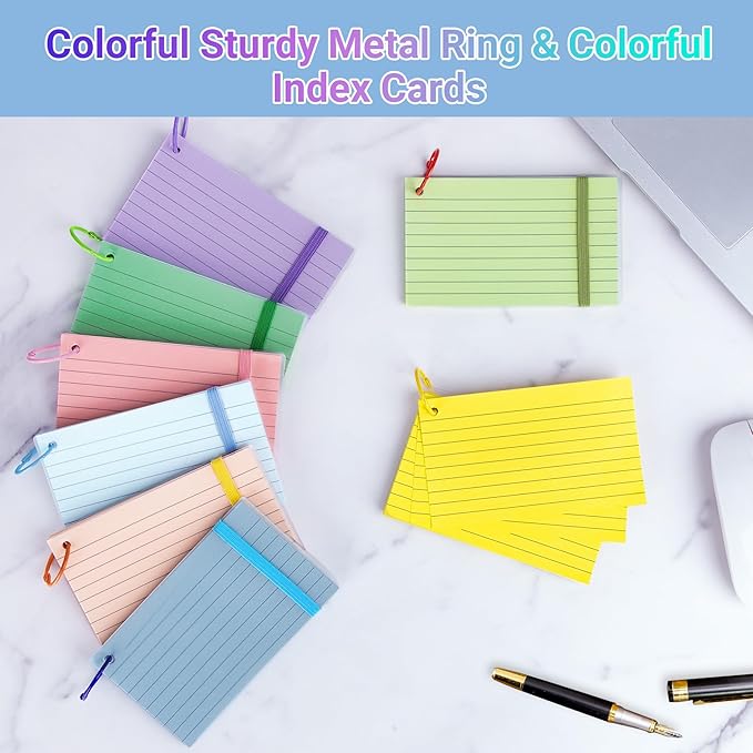 HAUTOCO 400 PCS Colored Index Cards 3x5 with Rings, Ruled Flashcards with Waterproof Covers, 8 Colors Note Cards for Studying, Vocabulary, Recipes, Office & School