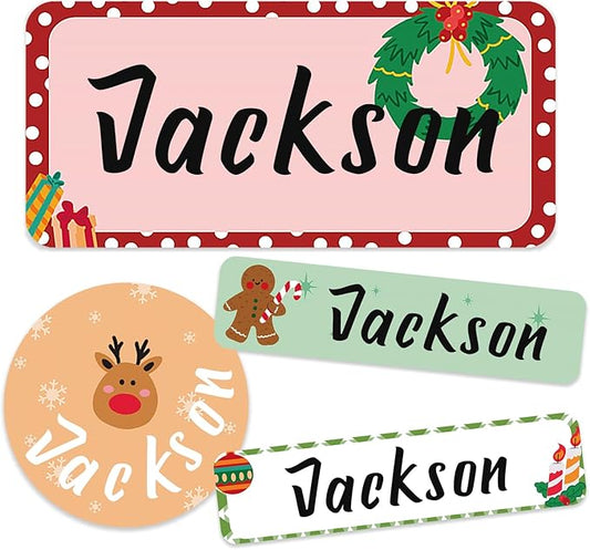 Waterproof Name Stickers for Kids, 360pcs Removable Name Labels for Water Bottles, Lunch Boxes and Daycare School Name Tag (Christmas)