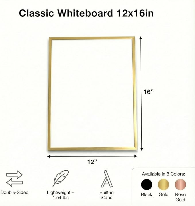 Magnetic Dry Erase Board 12x16 with Foldable Stand, Portable Gold Desktop Whiteboard for Home, Office, School & Kitchen, Includes Weekly & Monthly Magnetic Planner Sheets