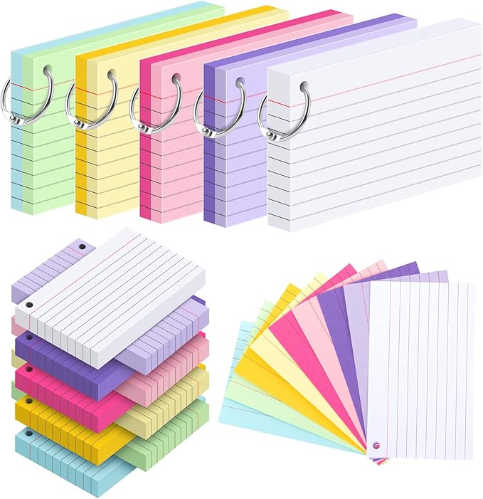 250 Count Colored Index Cards with Key Ring, 3 x 5 Inch Ruled Flash Cards 9 Color, 5 Packs of 50 Sheets Lined Study Note Cards for School&Office Supplies, Heavy Flashcards with Waterproof Cover