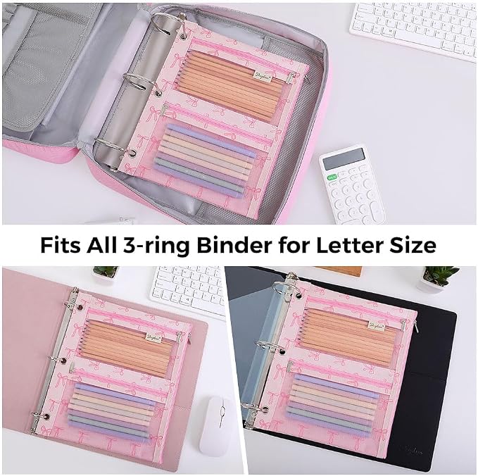 SKYDUE Pencil Pouch for 3 Ring Binder, 3 Pockets and Mesh Window | Zipper Pencil Pouch Pencil Bag with 3 Reinforced Grommets, Durable Organizer for School Supplies, Cables, Earbuds, Makeup