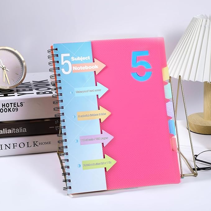 CAGIE 5 Subject Notebook 8.5 x 11，A4 Spiral Notebooks College Ruled Spiral Notebook with Dividers Tabs，220 Pages Lined Spiral Notebook for Note Taking, School, Work, Pink