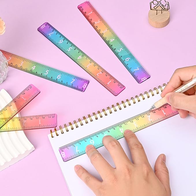 BAYTORY 6Pcs 8inch/20cm Acrylic Straight Rulers, Transparent Gradient Color Rulers, Shatterproof Rainbow Color Measure Stationery with Centimeters, for School Classroom Student (8inch/20cm)