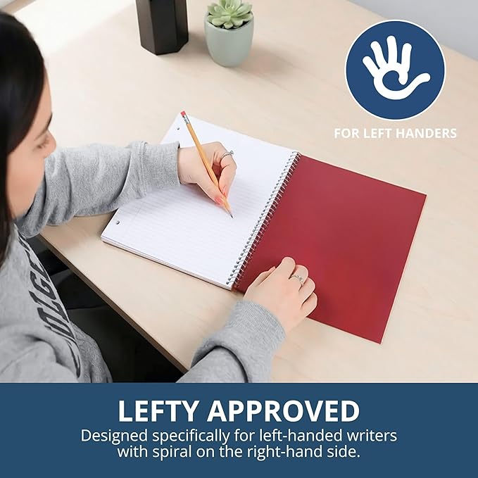 ROARING SPRING Lefty Spiral Notebook, Left-Handed One Subject Notebook, 11" x 9", 100 Sheets, College-Ruled, Perforated, Assorted Saranac Covers, Made in USA