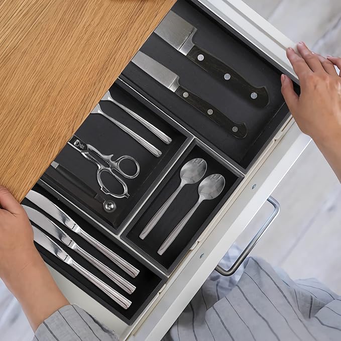 PRATIQUE Bamboo Drawer Organizer - Kitchen Utensil Organizer Silverware Tray Cutlery Holder，Office Desk Supplies and Accessories,8.9 * 3 * 2.6inch,Black