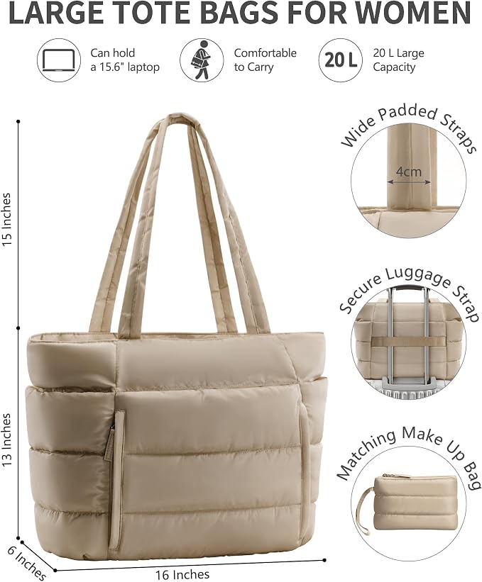 Bagstellar Puffer Tote Bag for Women, Lightweight Puffy Work Handbag Teacher Nurse Quilted Shoulder Bag for School Travel Gym | Cloud Bag w/ Zipper