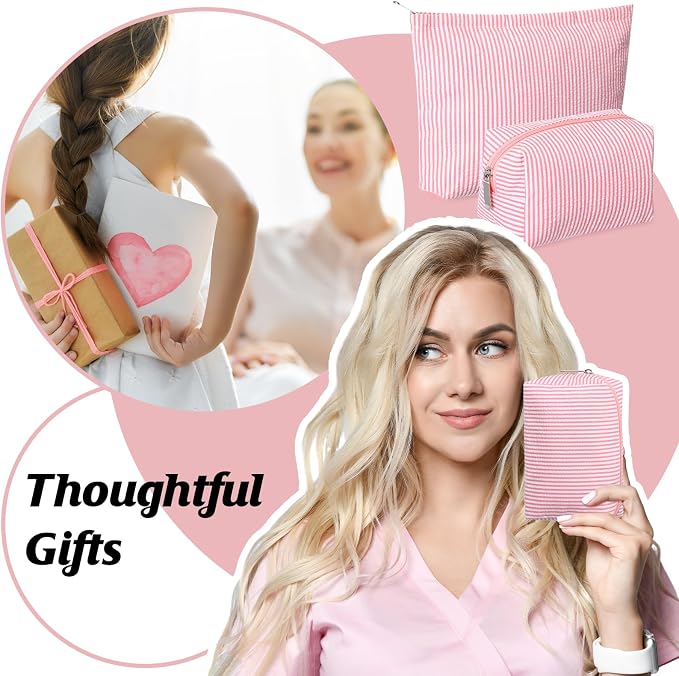 Huhumy 2 Pcs Makeup Bag Set for Women, Rose Pink, Thin Striped Seersucker | Cute Cosmetic Pouch Women Travel Toiletry Bag Preppy Small Makeup Purse Pouch Aesthetic Skincare Brushes Storage Organizer