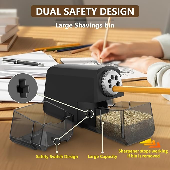 Heavy Duty Electric Pencil Sharpener – 6-Hole Design, Auto Start/Stop, Large Shavings Bin, Safe & Fast 4s Sharpening, Durable Zinc Alloy Blade – Great for School & Office Use