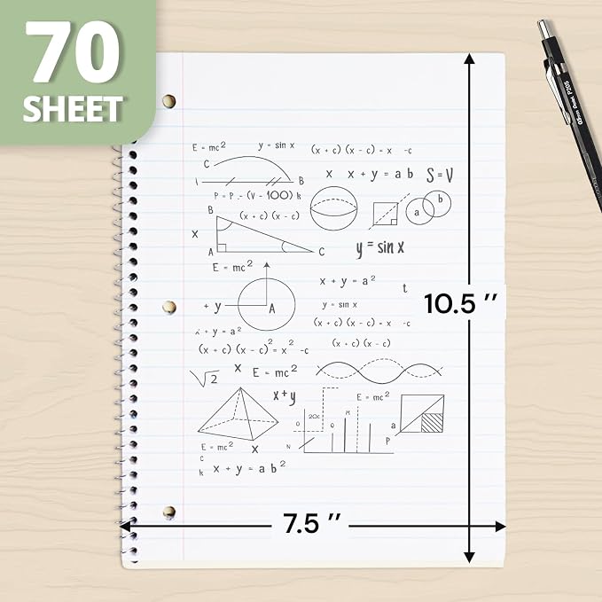 ONAVIA 1 Subject Spiral Notebook Wide Ruled, 140 Pages | 70 Sheets, 7.5 x 10.5 in, School Notebooks, Wide Ruled Paper, Students, Classroom, Homework