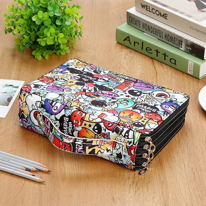 Portable Colored 200 Slots Pencil case Organizer with Printing Pattern for Watercolor Pens or Markers, Pencil Case Organizer for Artist
