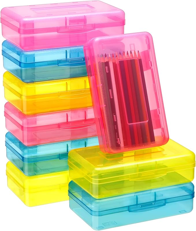 Leelosp 12 Pack Clear Pencil Boxes for School Bulk, Large Plastic Pencil Case with Lid, Stackable Hard Crayon Storage Box for Classroom Kids, Desk Drawer Organizer for Office Home(Pink Yellow Blue)