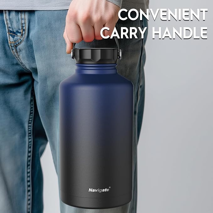 Navigate 64oz Insulated Water Bottle for Sports, Keep Cold 24H | 2-in-1 Spout and Handle Lids, Double Leak-Proof, 18/8 Stainless Steel, BPA-Free, Wide Mouth for Hiking,Blue to Black