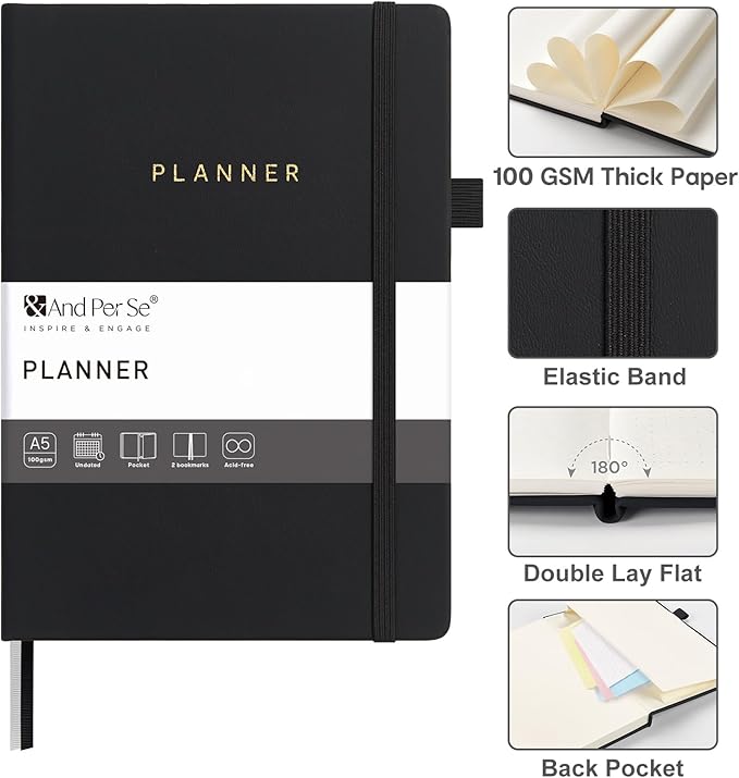 And Per Se Undated Planner, Weekly & Monthly Planner with Goal & Habit Tracker, A5 Leather Hardcover Productivity Journal for Academic Year (Black)