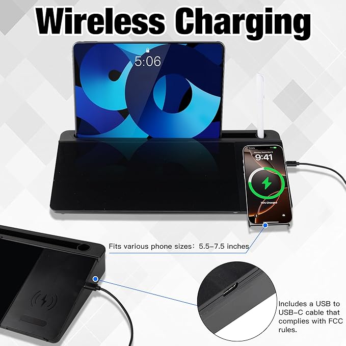 Glass Desktop Whiteboard with Wireless Charger & Storage, Desk Dry Erase Note Memo Board, Compact Desk Organizer for Desk, Home, Study, Office, Back to School Supplies, Black, 2026
