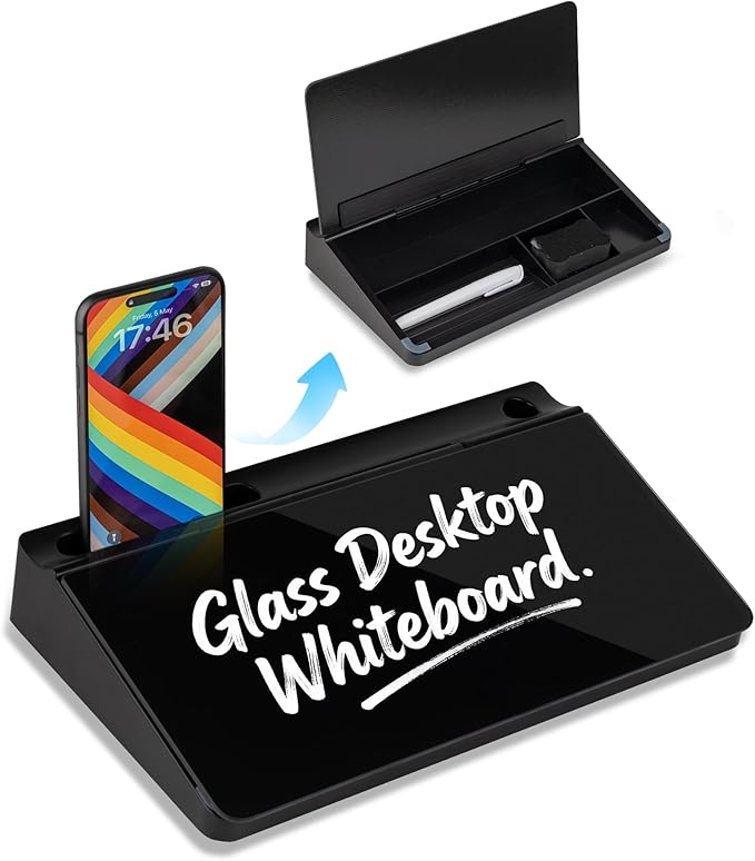 Small Glass Desktop Whiteboard 11.8×7”, Dry Erase Note Memo Board, Desk Organizer with Storage for Desk, Home, Study, Office, Black