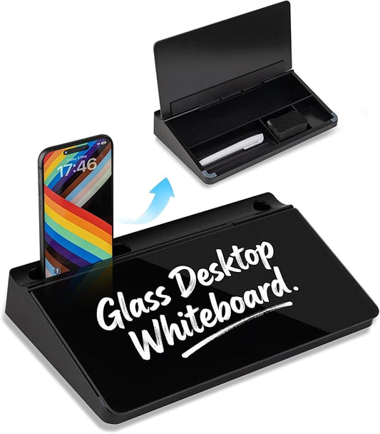 Small Glass Desktop Whiteboard 11.8×7”, Dry Erase Note Memo Board, Desk Organizer with Storage for Desk, Home, Study, Office, Black