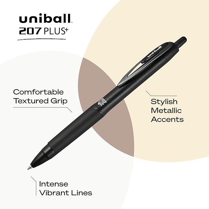 uniball 207 Plus+ Retractable Gel Pens, Medium Point (0.7mm), Black, 4 Pack