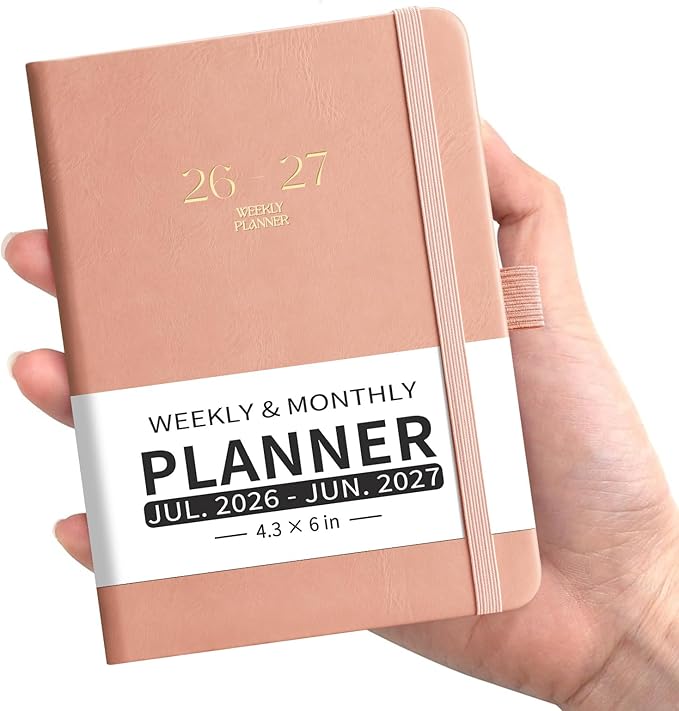 EMSHOI Pocket Calendar 2026-2027, Small Mini Academic Planner Weekly and Monthly, July 2026-June 2027, School Student Teacher Agenda, Leather Hardcover, 100GSM Paper, Tabs, A6 4.3"x6", Pink
