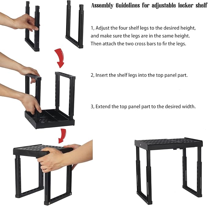 Svartur Locker Shelf for School Locker Adjustable Height and Width, Locker Organizer Shelf Stackable Locker Tools for Gym Lockers, Office, Back to School Essentials, Black