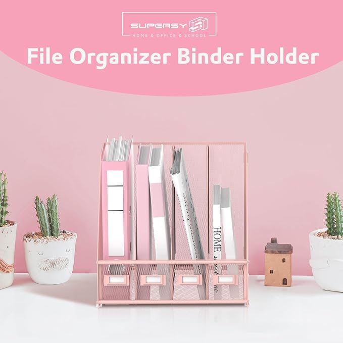 SUPEASY Magazine File Holder Desk Organizer, Metal Binder Holder with 4 Vertical Compartments for Office Home School, Pink