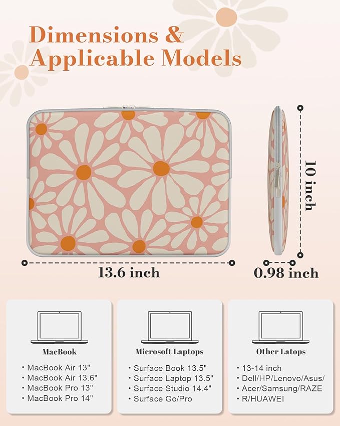 iCasso Laptop Sleeve 13 inch for MacBook Air 13-13.6 inch, Chic MacBook Neo/Pro 13 inch case, Slim Protective Travel Carrying Case for MacBook Pro 14 inch, Chromebook, HP, Dell, Orange Daisy