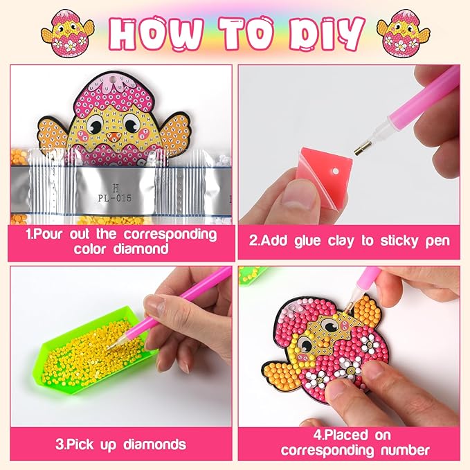 Labeol Arts and Crafts for Kids Ages 8-12 - Creat Your Own GEM Keychains-5D Diamond Art by Numbers GEM Art Kits for Kids Girls Toddler Crafts Age 6-7 6-8 10-12 (Easter)