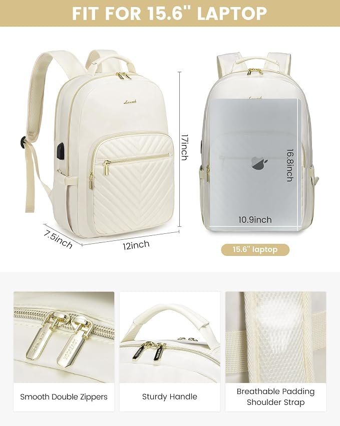 LOVEVOOK Laptop Backpack Purse for Women, Work Travel Computer Bags, College School Backpack for Student Girl, Quilted Casual Daypack with USB Port, Fit 15.6 Inch Laptop, Beige White