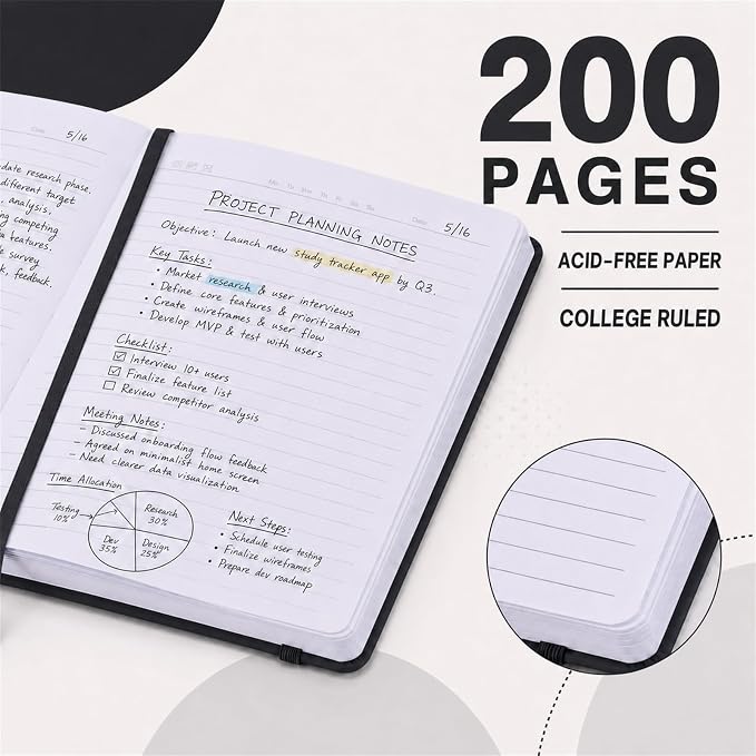 SUIN A5 Hardcover Lined Journal Notebook, 200 Pages, Black, 1 Pack